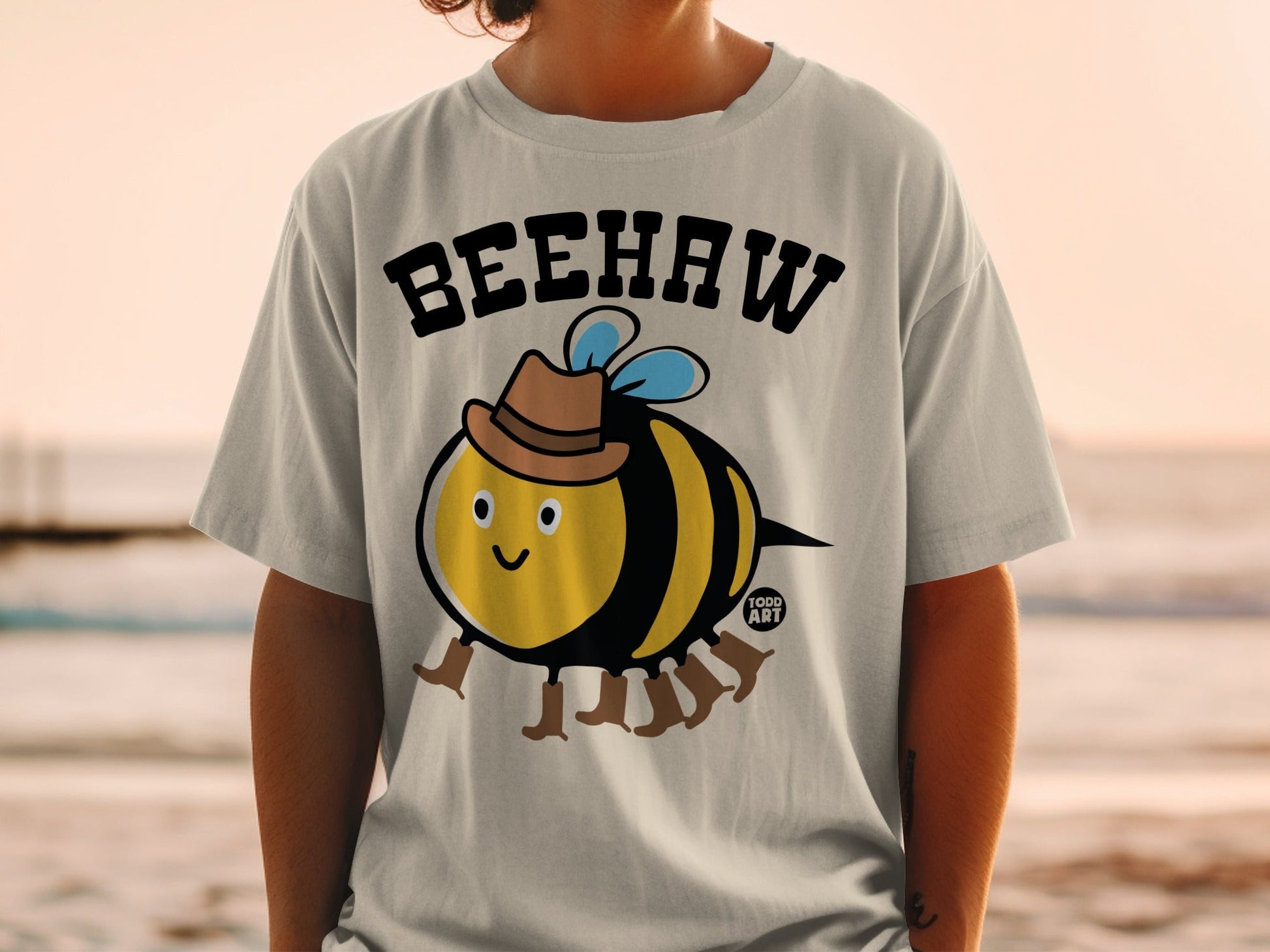 Beehaw Cute Cartoon Bee T-Shirt with Cowboy Hat Design