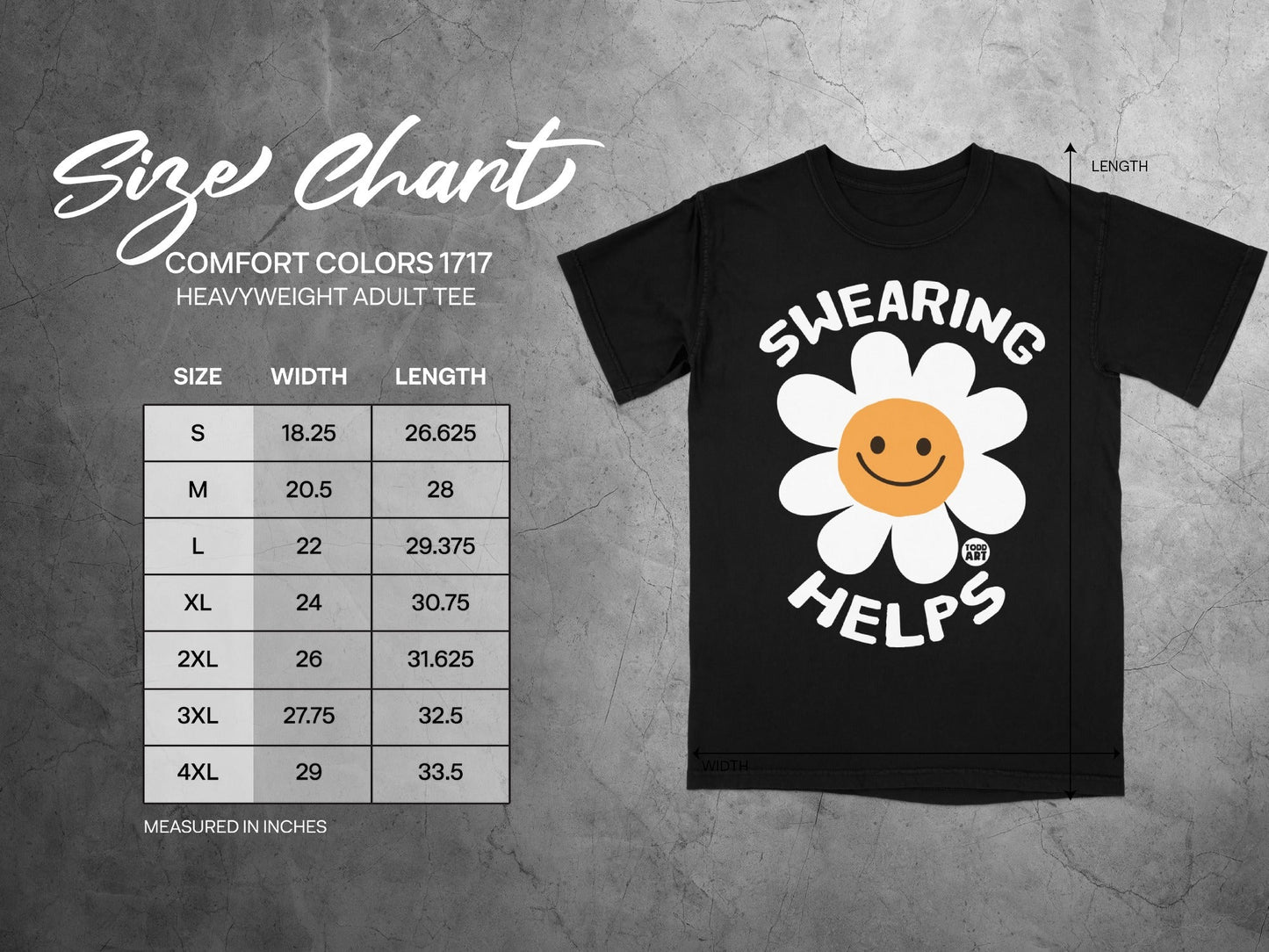 Size chart with t-shirt measurements and graphic of a flower saying "SWEARING HELPS."