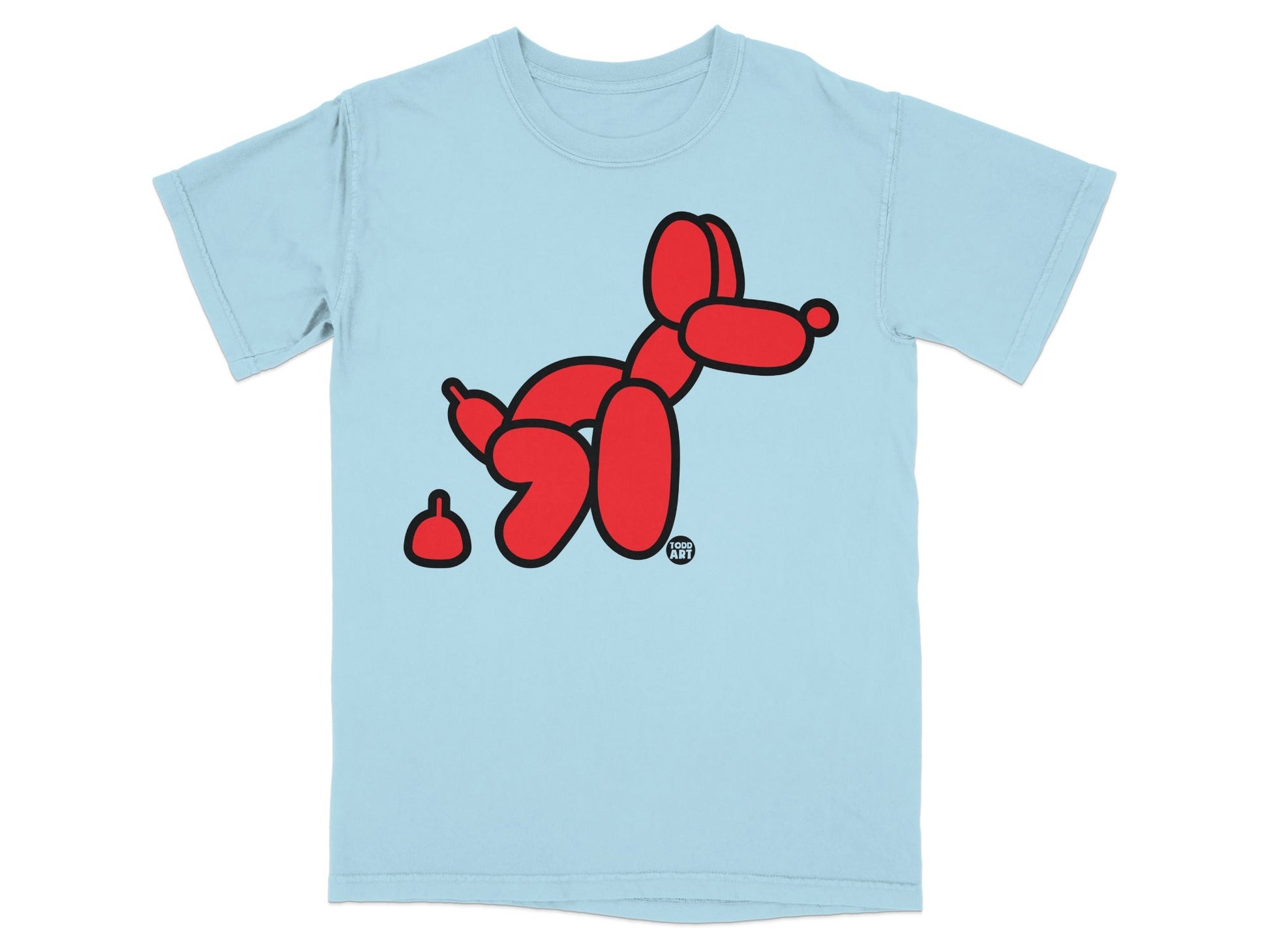 Light blue t-shirt with a red balloon dog and a poop emoji.