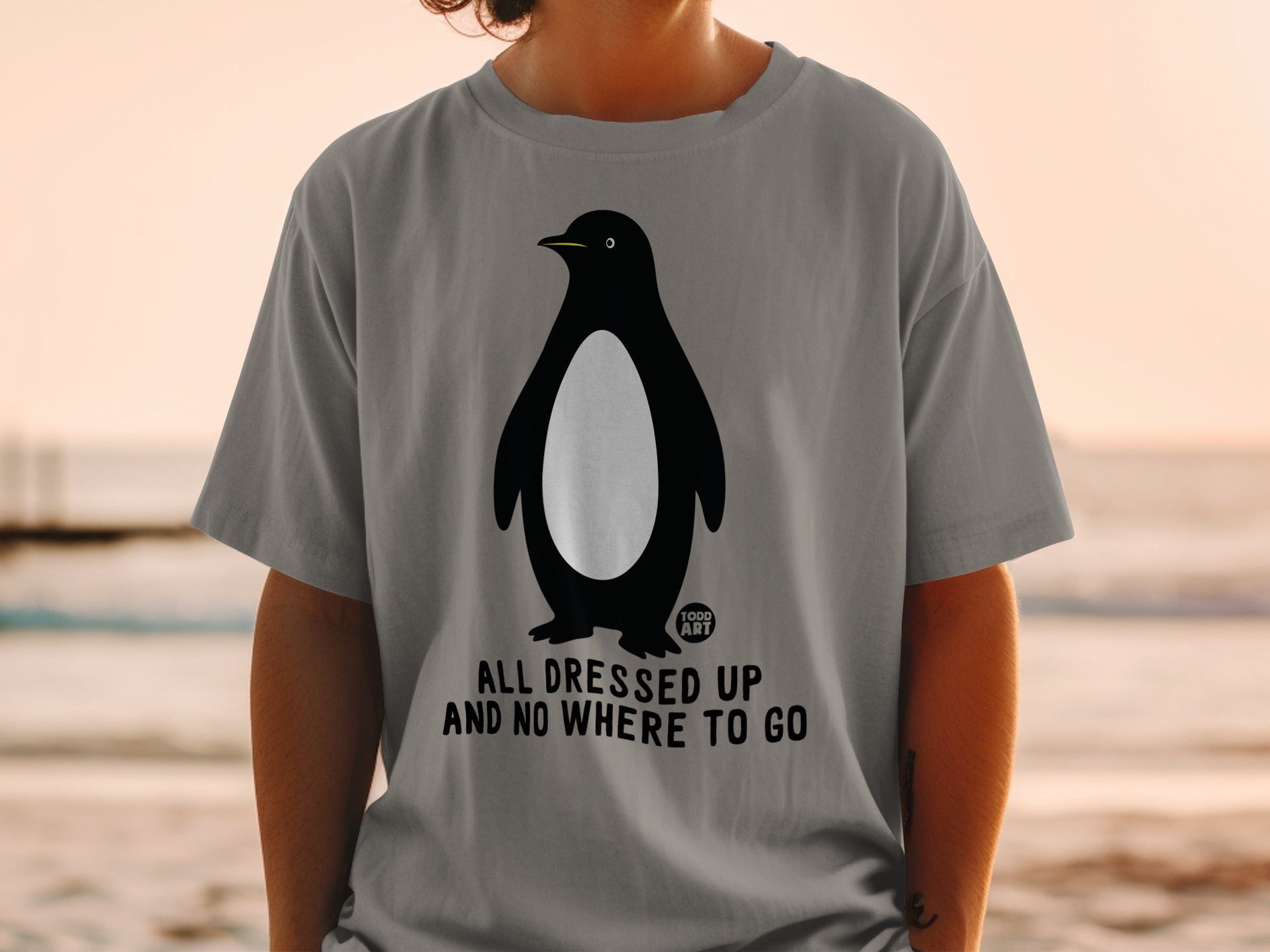 Grey t-shirt with a penguin illustration and text "ALL DRESSED UP AND NO WHERE TO GO".