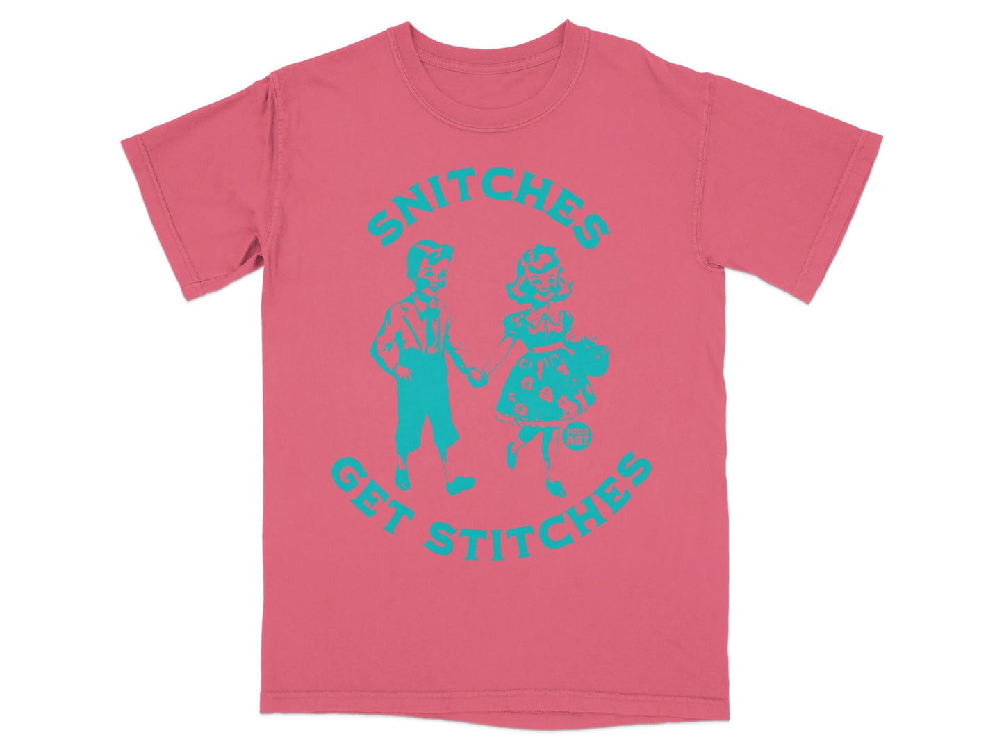 Coral t-shirt with teal graphic of children and text "SNITCHES GET STITCHES."