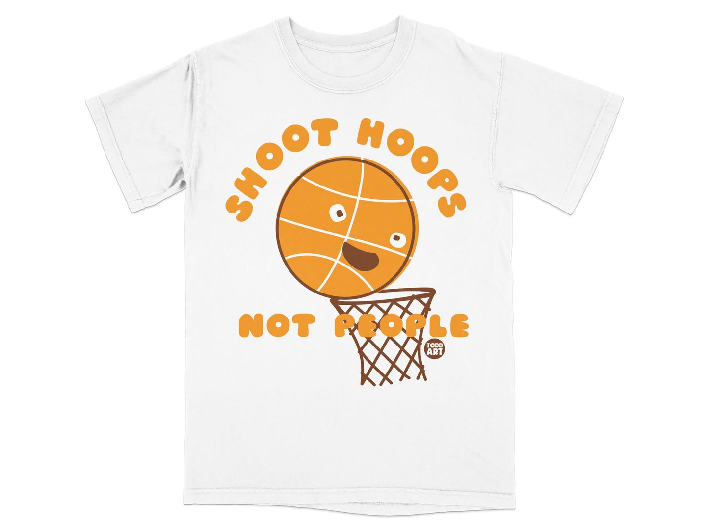 White t-shirt with graphic of a basketball with a face shooting into a hoop.