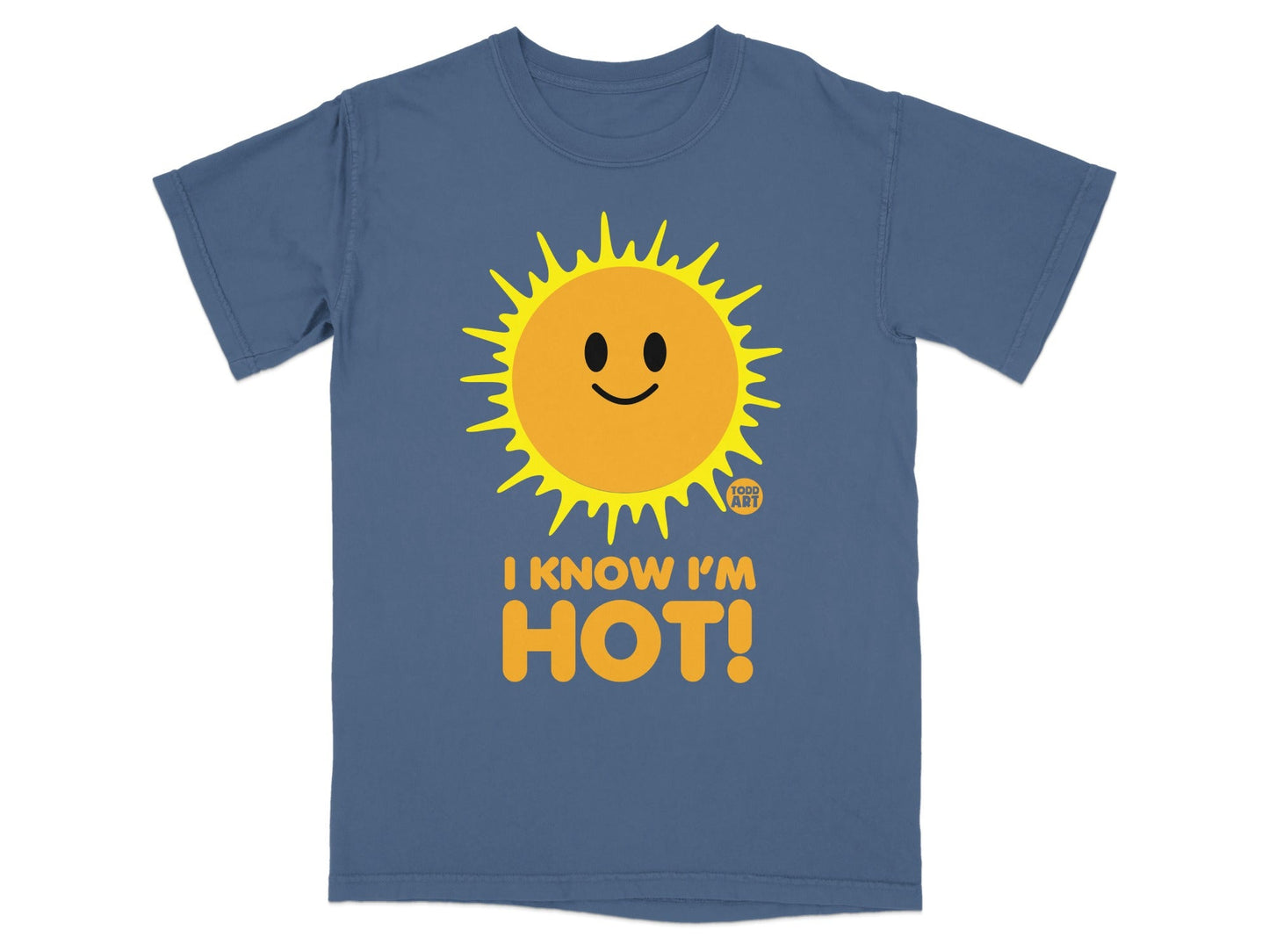 Blue t-shirt with a smiling sun graphic and "I KNOW I'M HOT!" text.