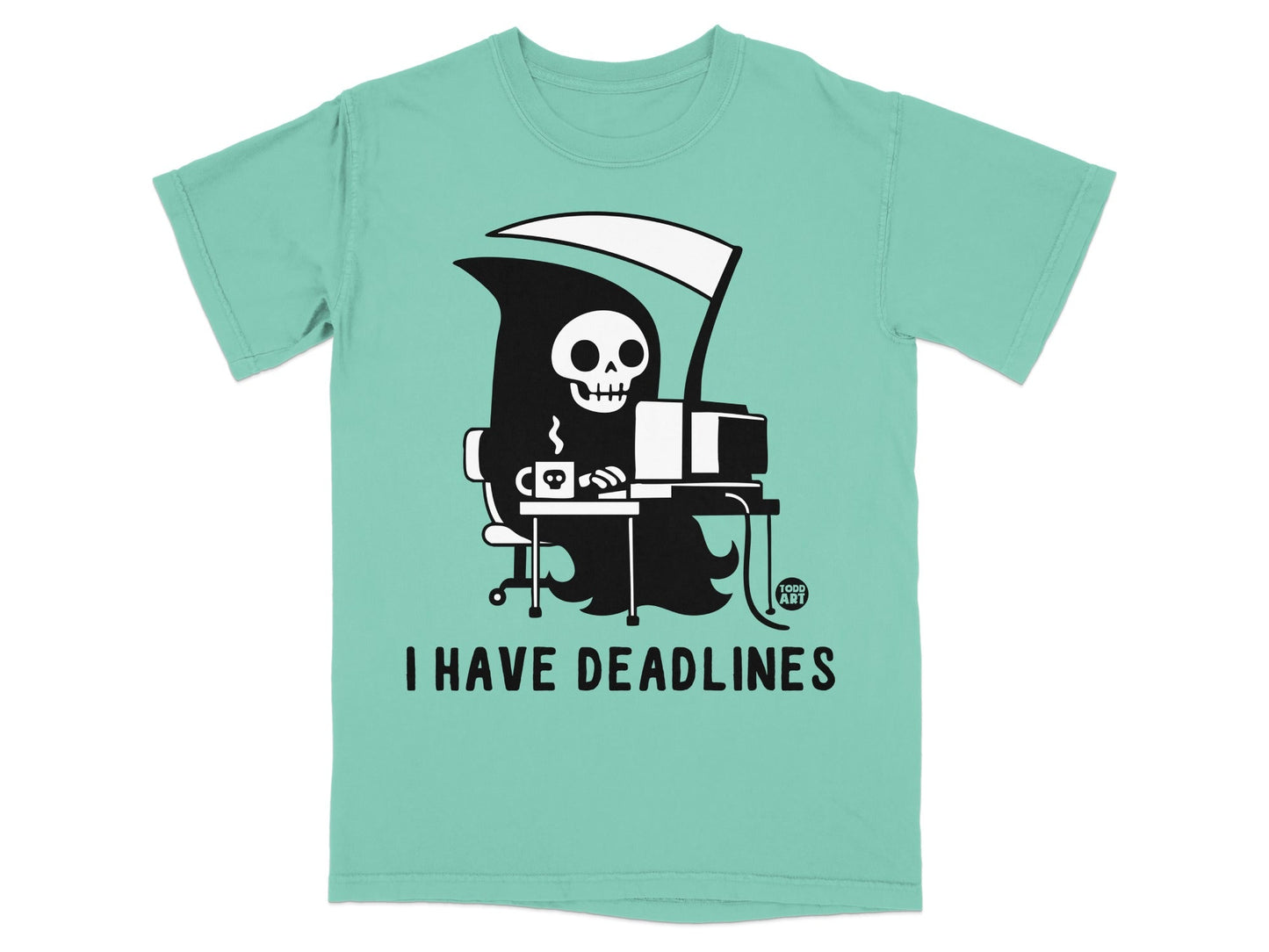 Teal t-shirt with Grim Reaper at a computer, mug, text "I HAVE DEADLINES".