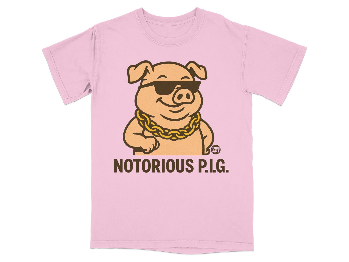 Pink t-shirt with cartoon pig wearing sunglasses and gold chain, "NOTORIOUS P.I.G." text.