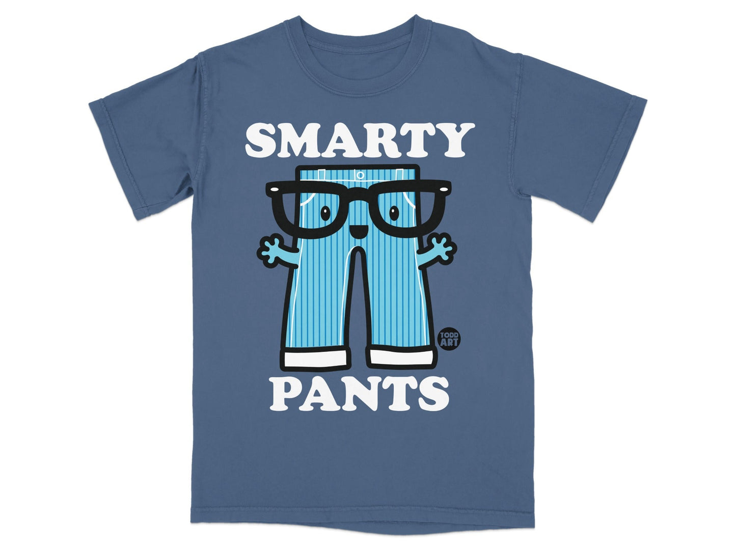 Blue t-shirt with cartoon character wearing glasses and "SMARTY PANTS" text.
