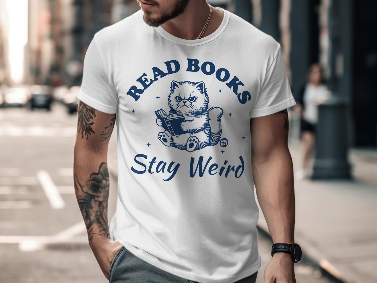 Read Books Stay Weird Cat Graphic Tee Shirt