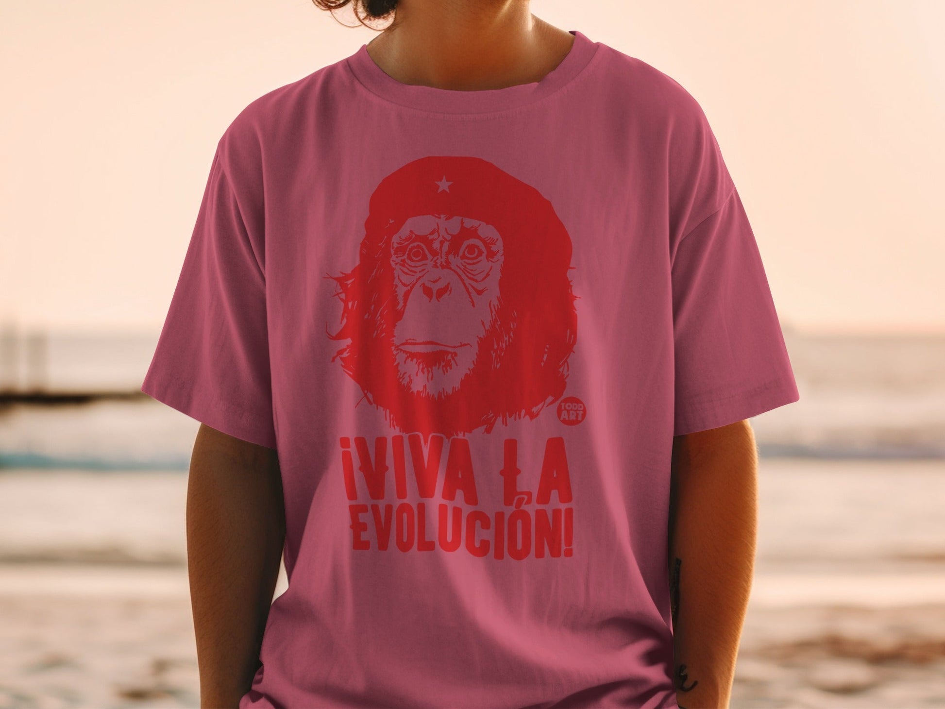 Red graphic of a monkey in a beret and "¬°VIVA LA EVOLUCI√ìN!" text on a pink t-shirt.