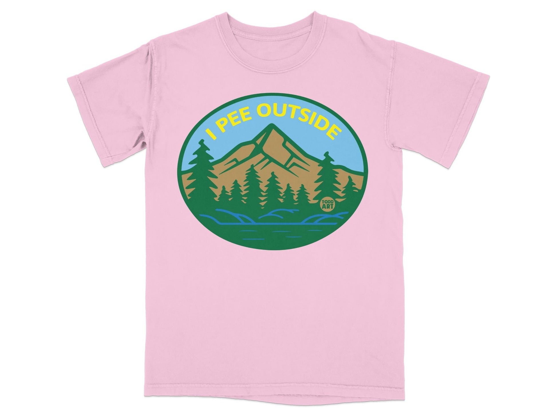 Pink t-shirt with text "I pee outside" and mountain nature scene.