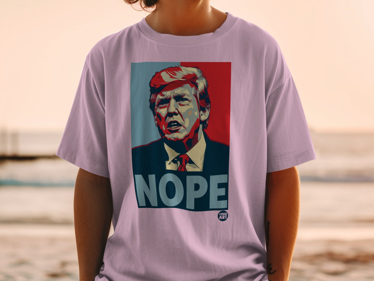 Donald Trump "NOPE" graphic t-shirt with red and blue background.