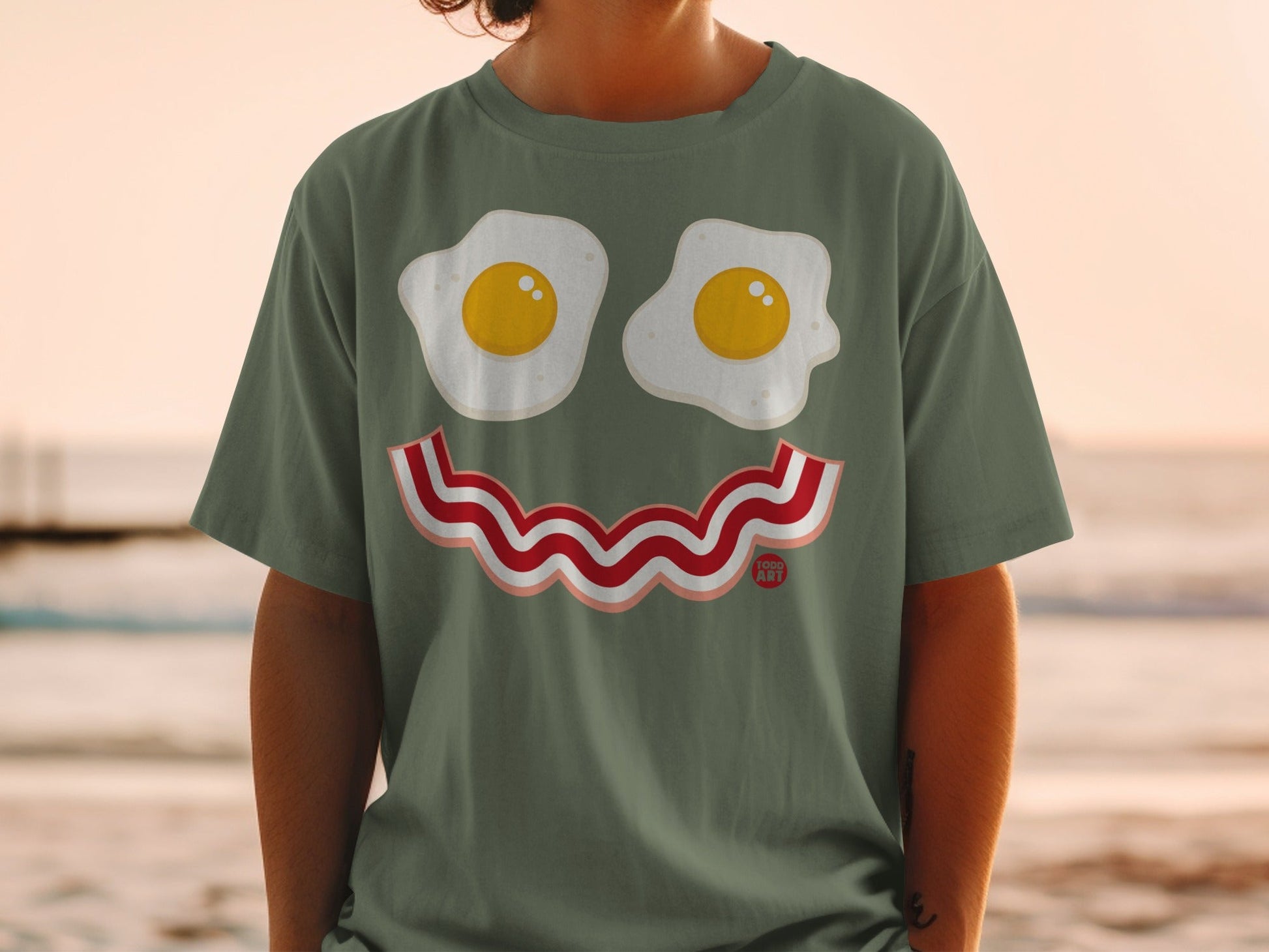 Funny Eggs and Bacon Smiley Face Graphic T-Shirt