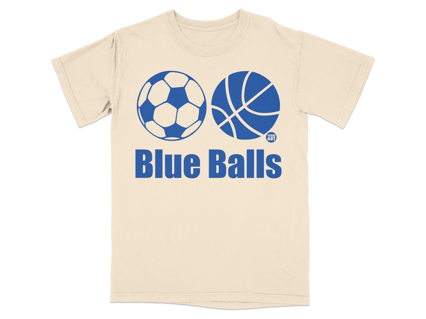 Beige t-shirt with "Blue Balls" text and two sport balls.