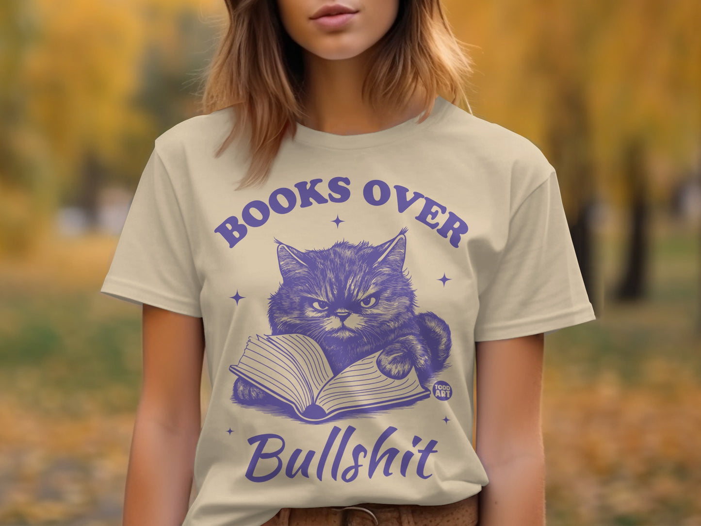 Books Over Bullshit Cat Graphic T-Shirt for Book Lovers