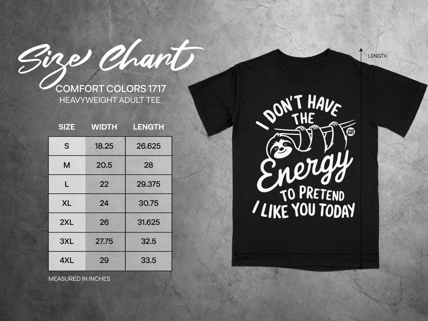 Size chart for Comfort Colors 1717 heavyweight adult tee with sloth graphic.