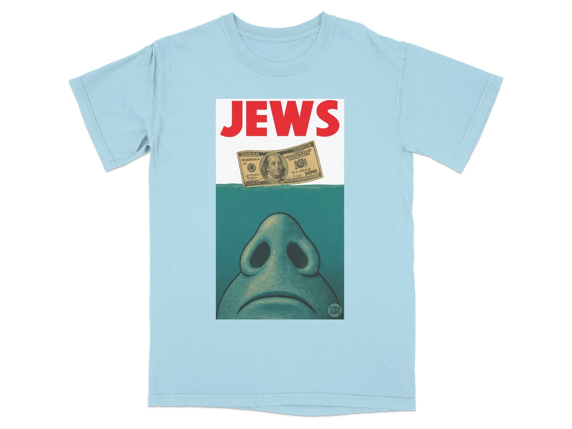 Light blue t-shirt with a graphic featuring a dollar bill and a nose.