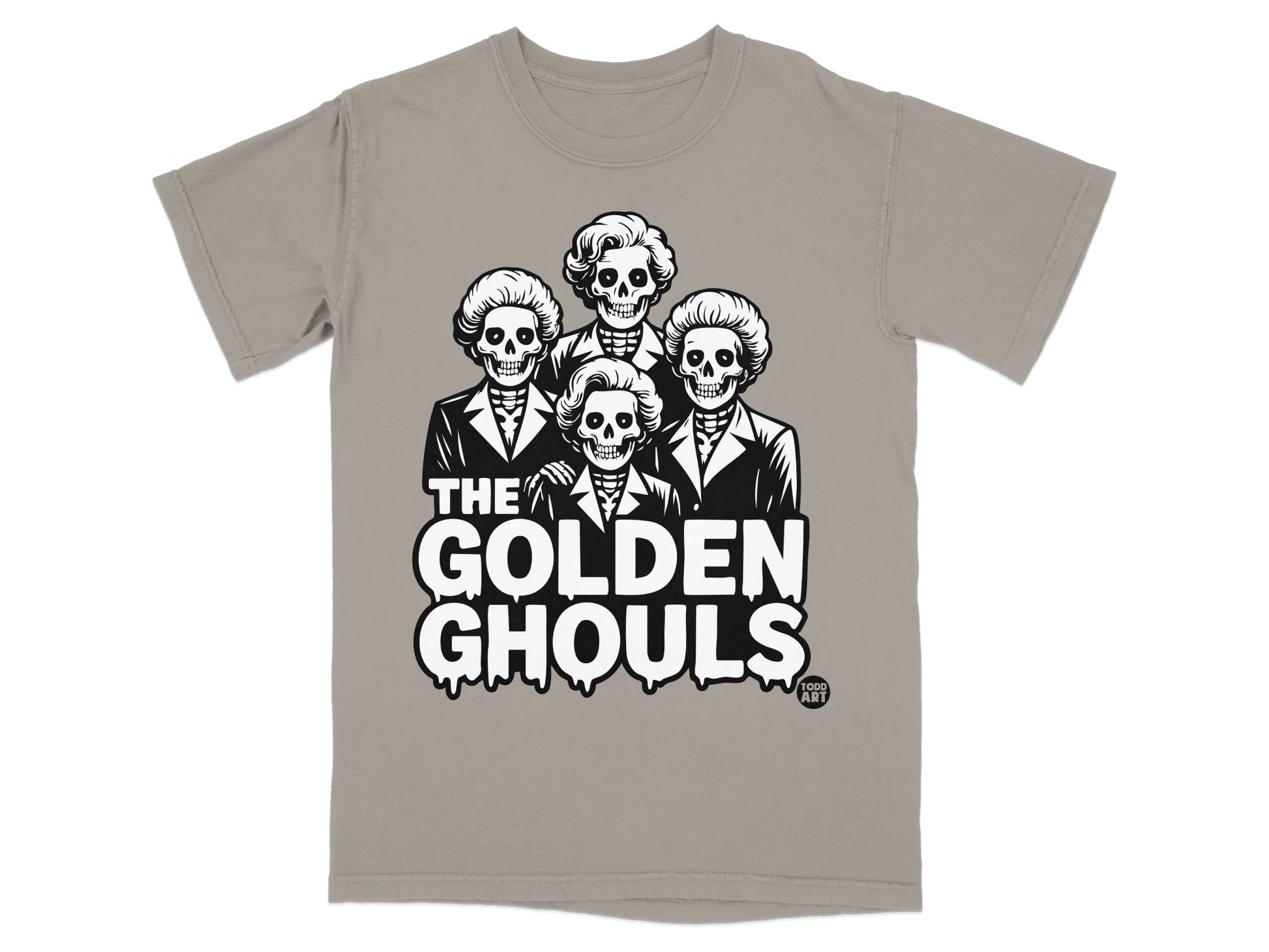 The Golden Ghouls graphic tee features four skeletons in formal wear.