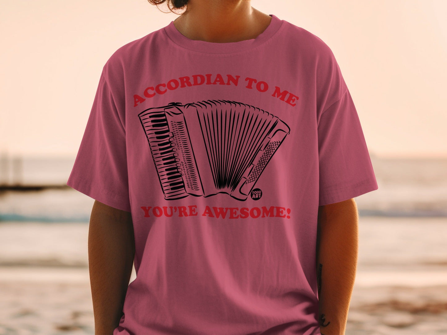 Pink t-shirt with accordion graphic and text "ACCORDIAN TO ME YOU'RE AWESOME!".