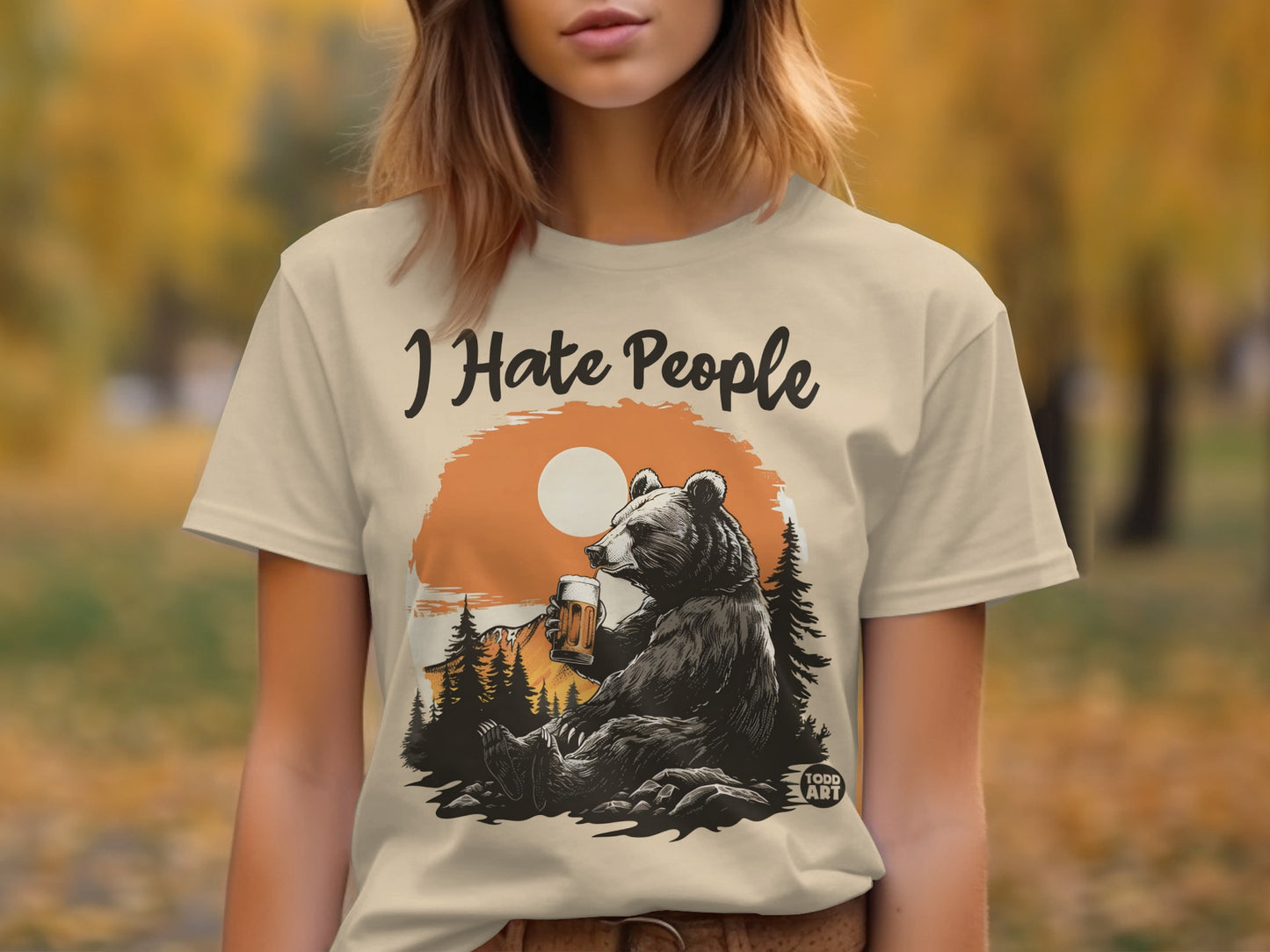 I Hate People Bear with Beer Forest Print T-shirt