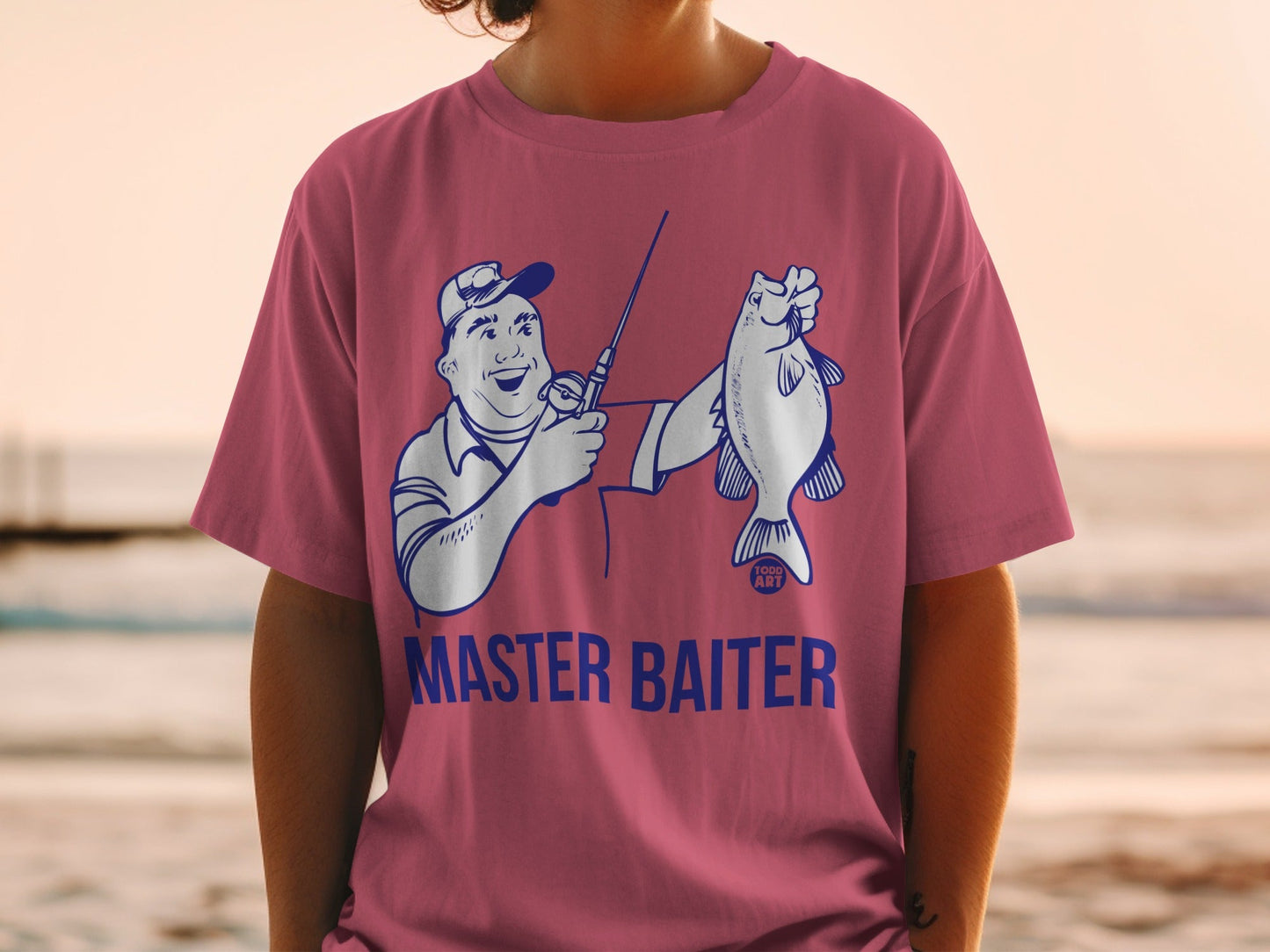 Cartoon fisherman holding a fish, "MASTER BAITER" text.