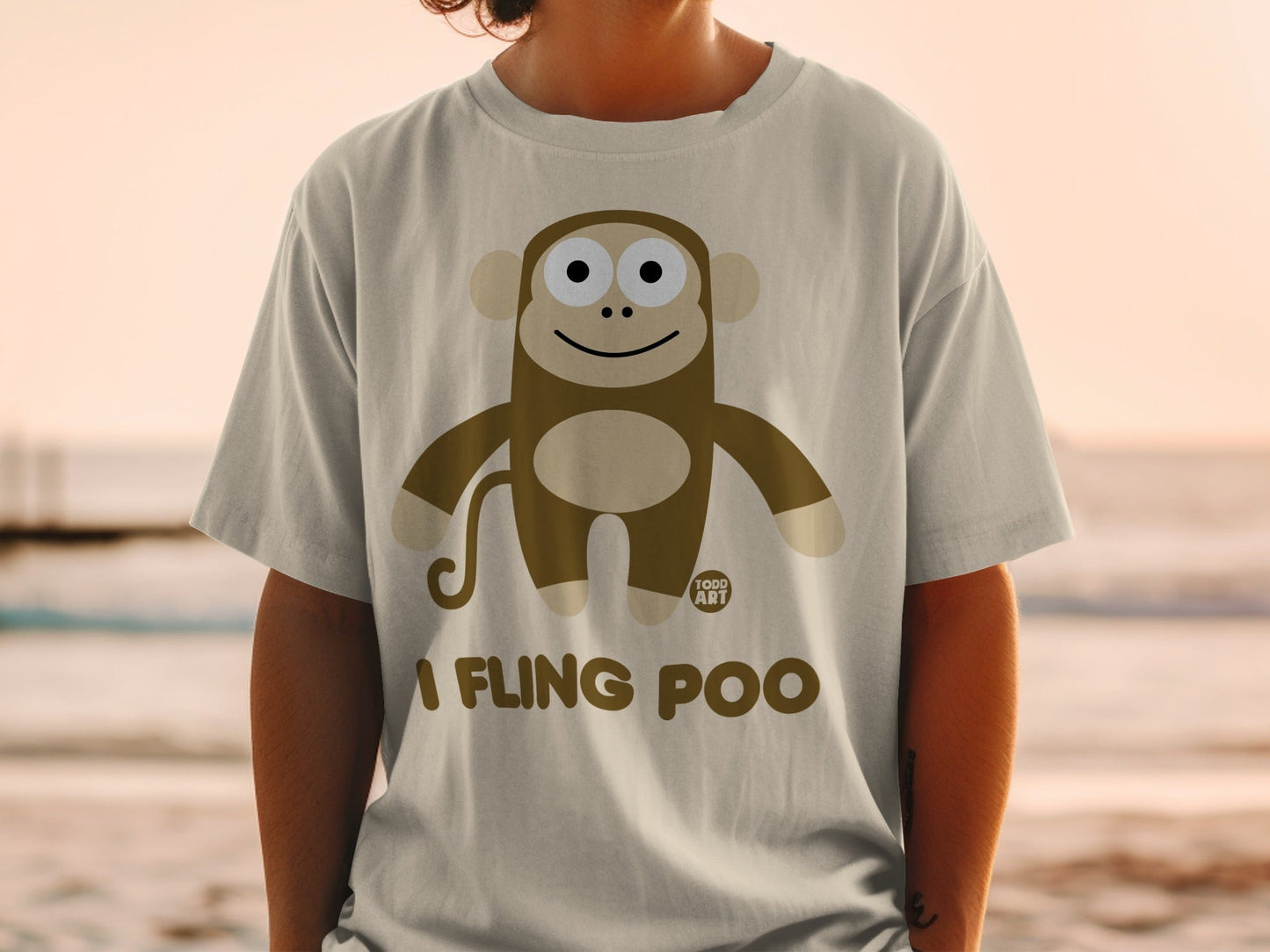 T-shirt with cartoon monkey and "I FLING POO" text.
