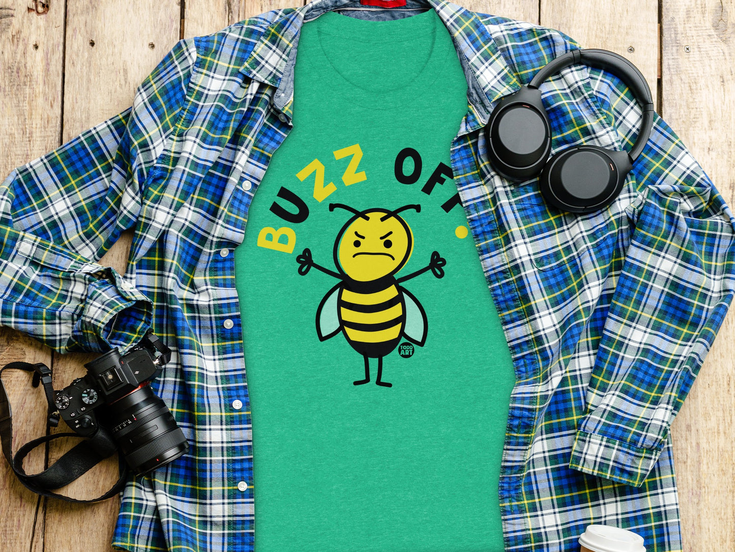 Buzz Off Angry Bee Graphic Green Tee Shirt