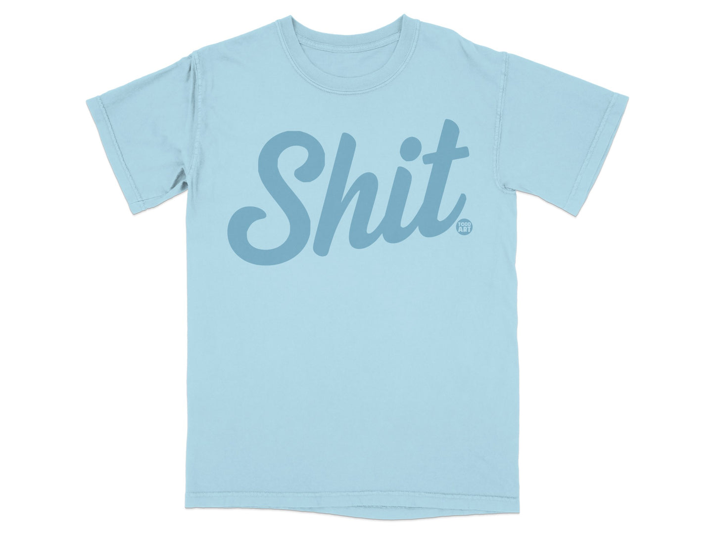 Light blue t-shirt with large "Shit" graphic and small "SHIT ART" logo.