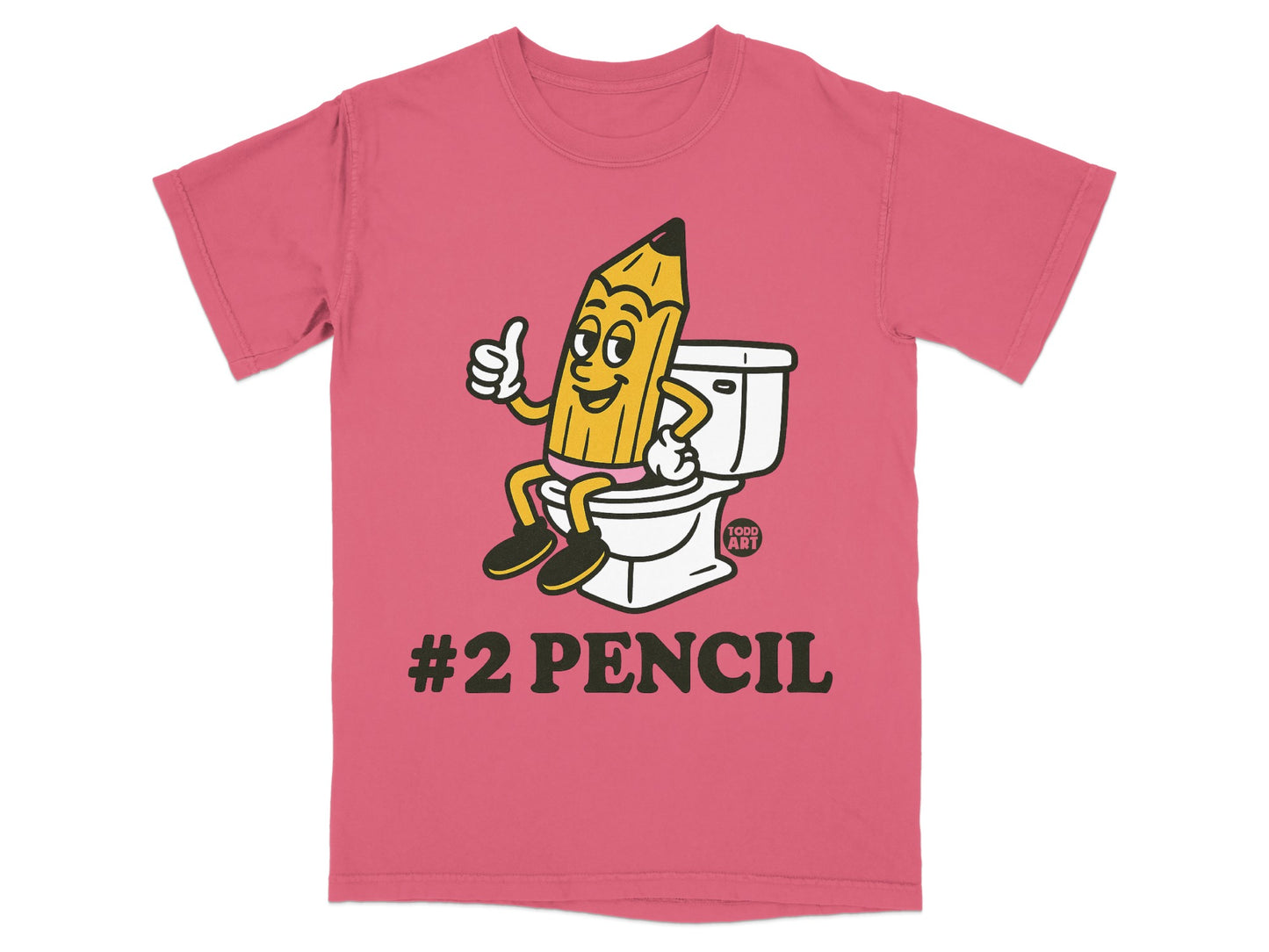 Pink t-shirt with cartoon #2 pencil giving thumbs up on toilet.