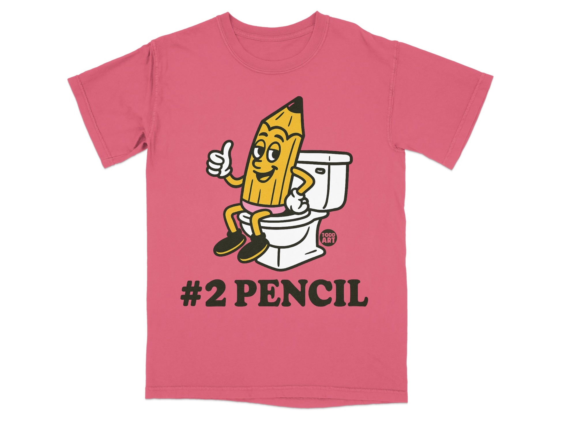 Pink t-shirt with cartoon #2 pencil giving thumbs up on toilet.