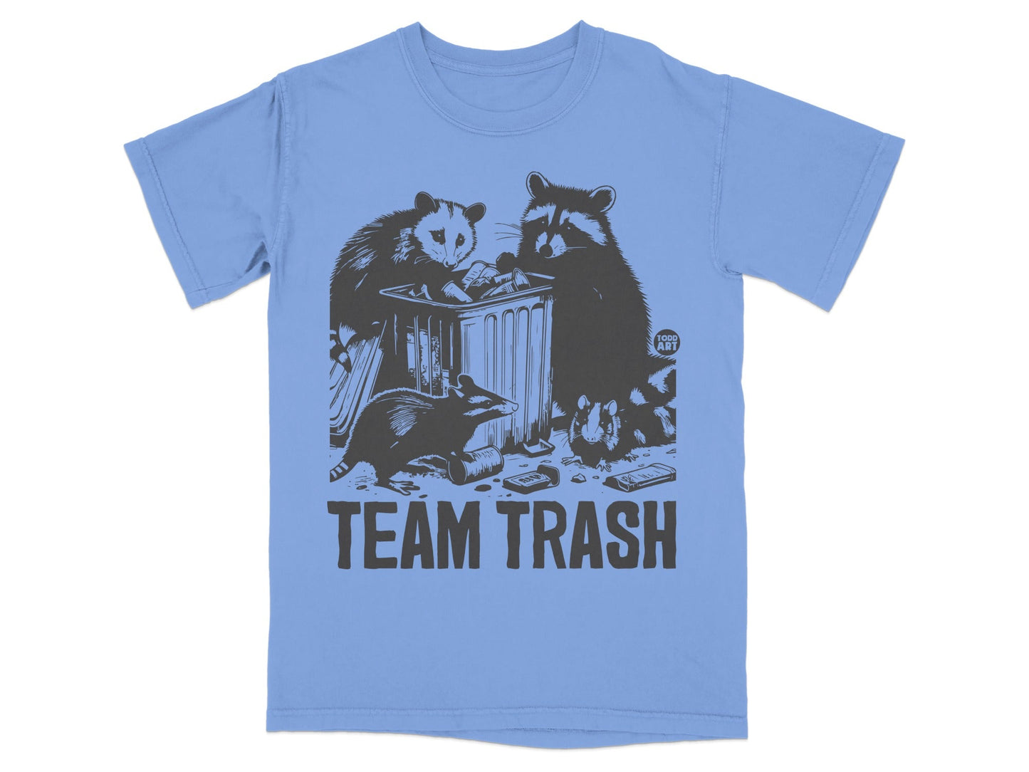 Raccoons and opossum dig through trash can with "TEAM TRASH" text.