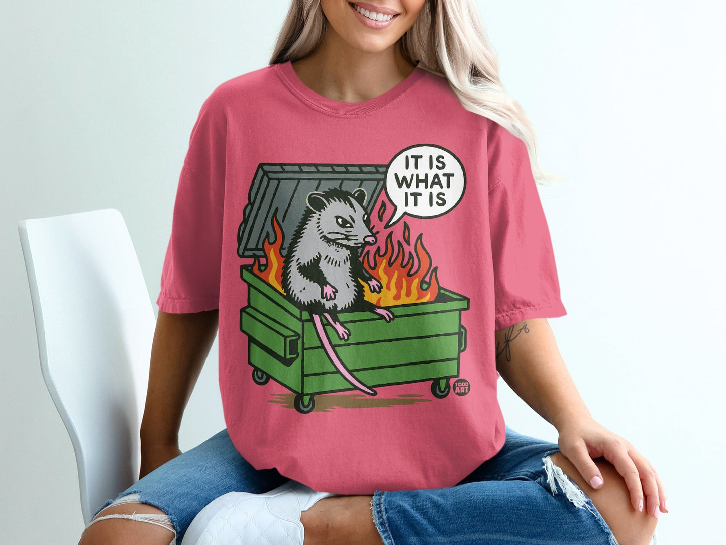 Opossum in a burning dumpster with "IT IS WHAT IT IS" speech bubble.