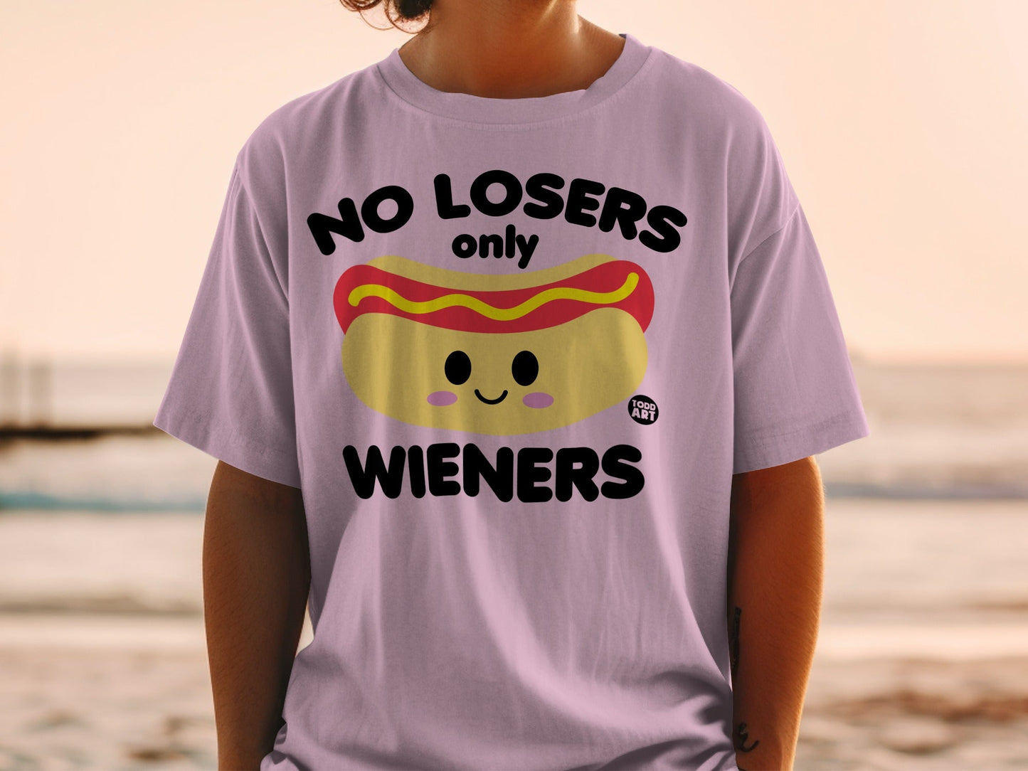Pink t-shirt with "NO LOSERS only WIENERS" and a cartoon hot dog.