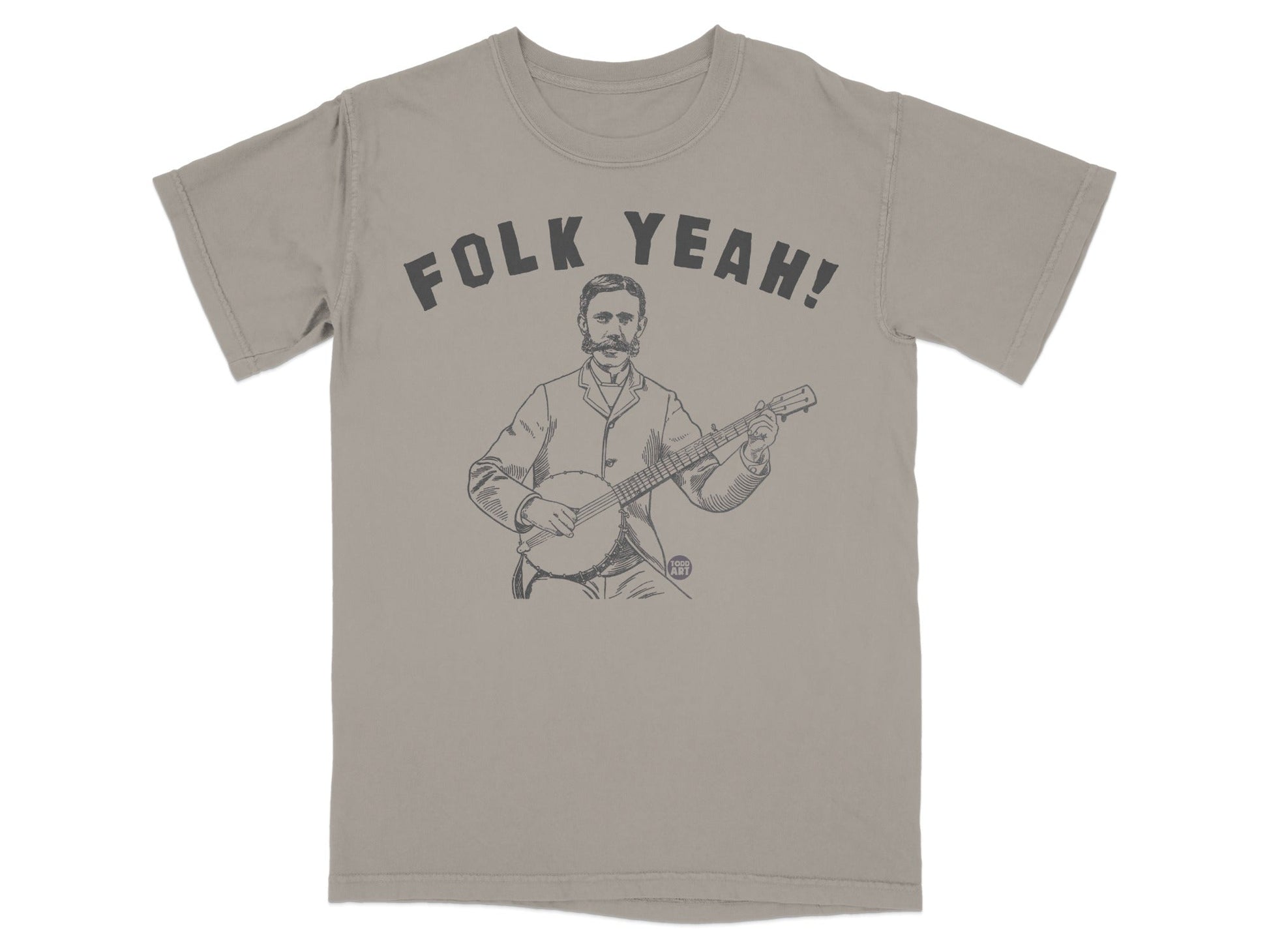 T-shirt with sketch of man playing banjo, "FOLK YEAH!" text.