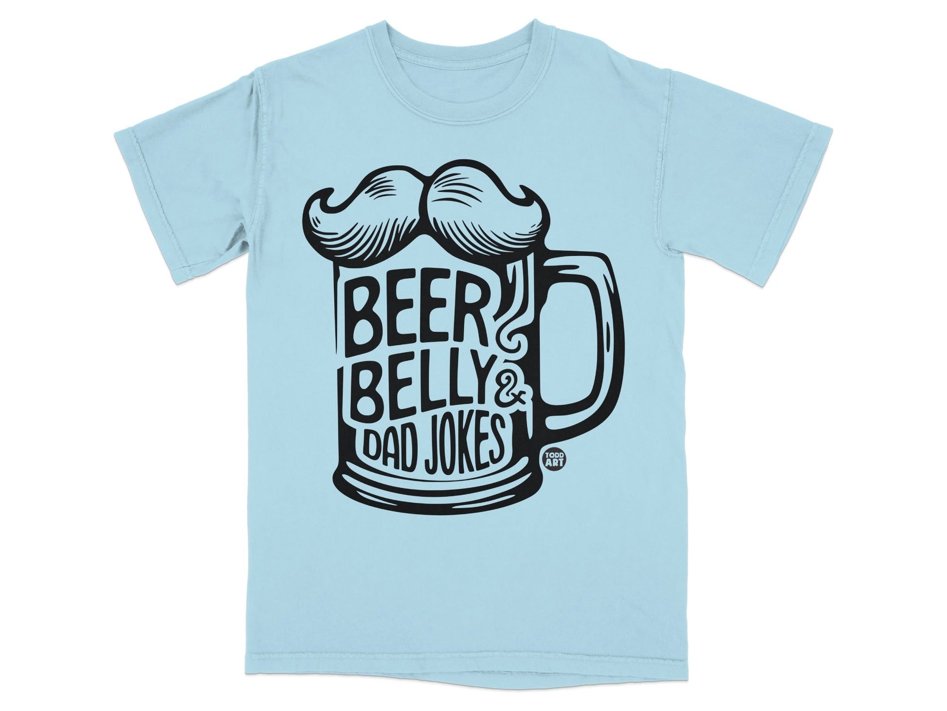 Light blue t-shirt with black graphic of a beer mug with mustache and text "Beer Belly & Dad Jokes".