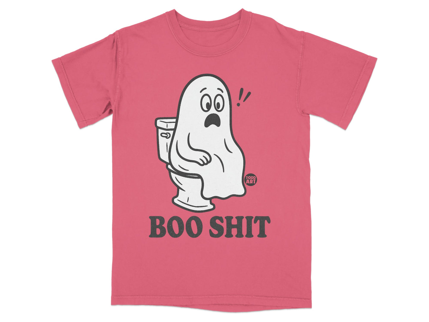 Pink t-shirt with a cartoon ghost sitting on a toilet, reading "BOO SHIT".