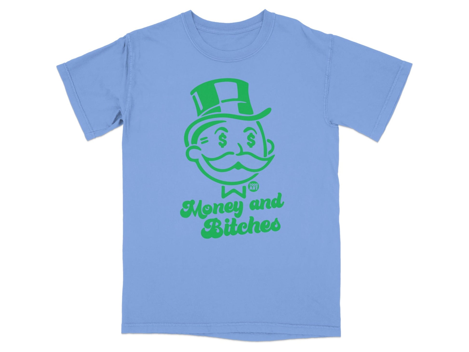 Blue t-shirt with green Monopoly man graphic and text.