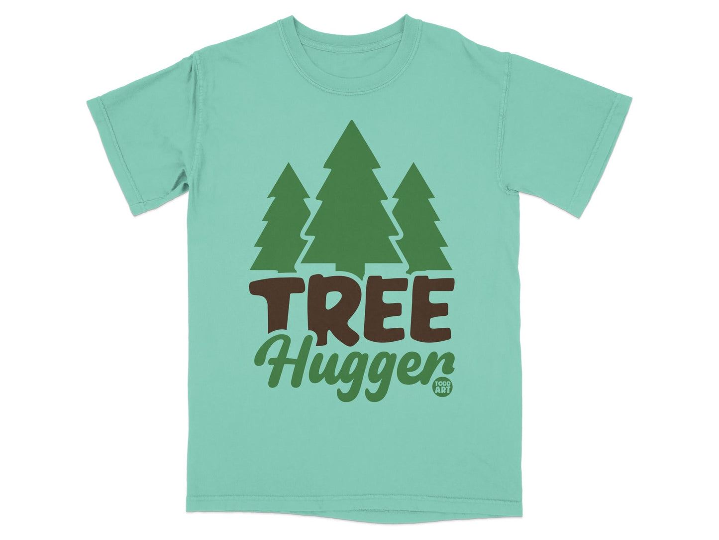 Teal t-shirt with "TREE Hugger" and pine trees graphic.