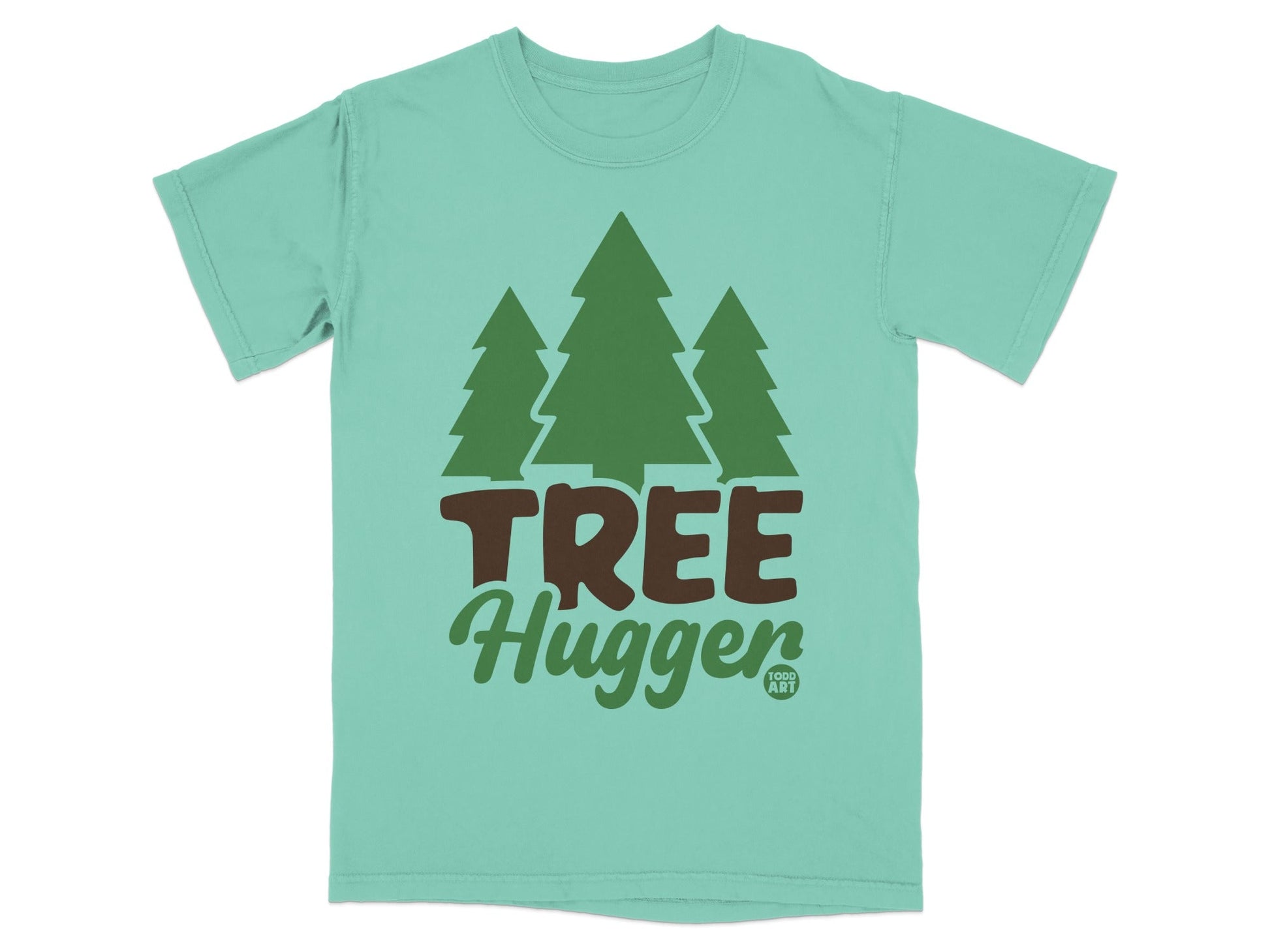 Teal t-shirt with "TREE Hugger" and pine trees graphic.