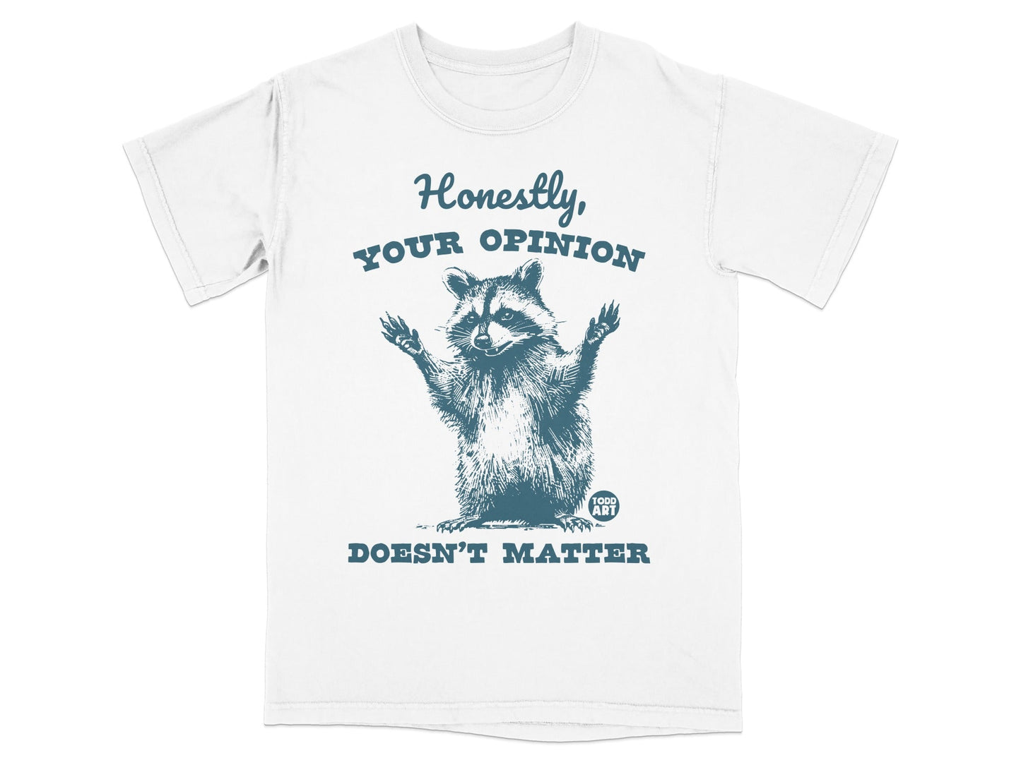 T-shirt with raccoon graphic and "Honestly, your opinion doesn't matter" text.