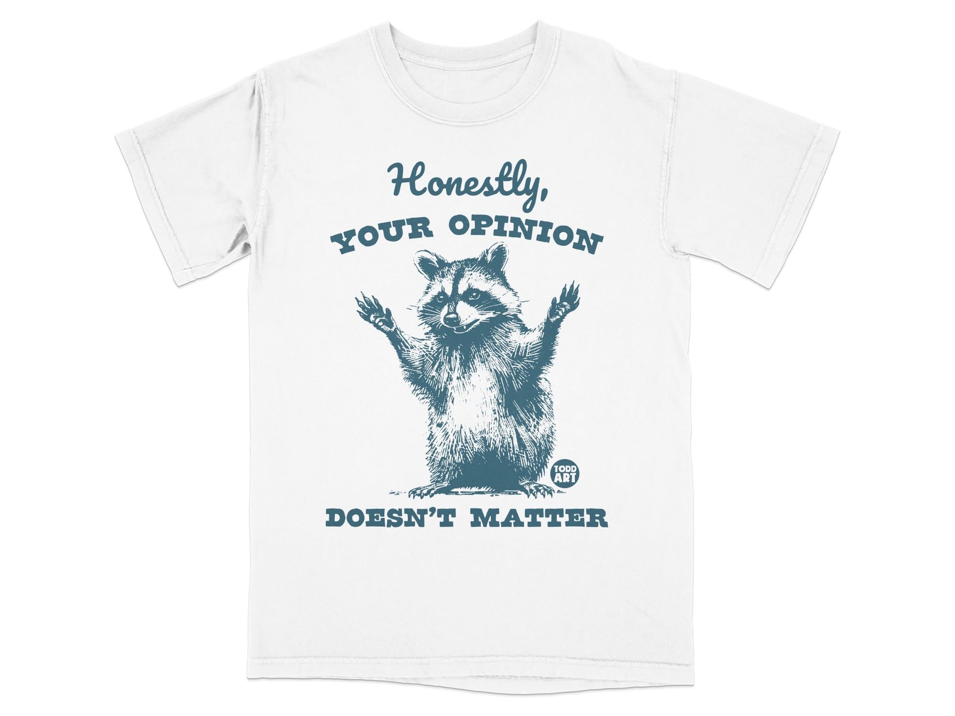 T-shirt with raccoon graphic and "Honestly, your opinion doesn't matter" text.