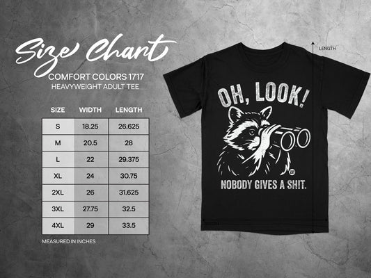 Comfort Colors 1717 heavyweight adult tee size chart with measurements.