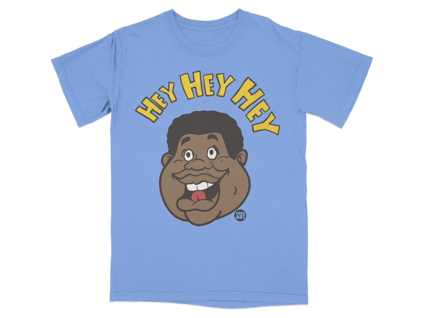 Blue t-shirt with cartoon face saying "Hey Hey Hey".