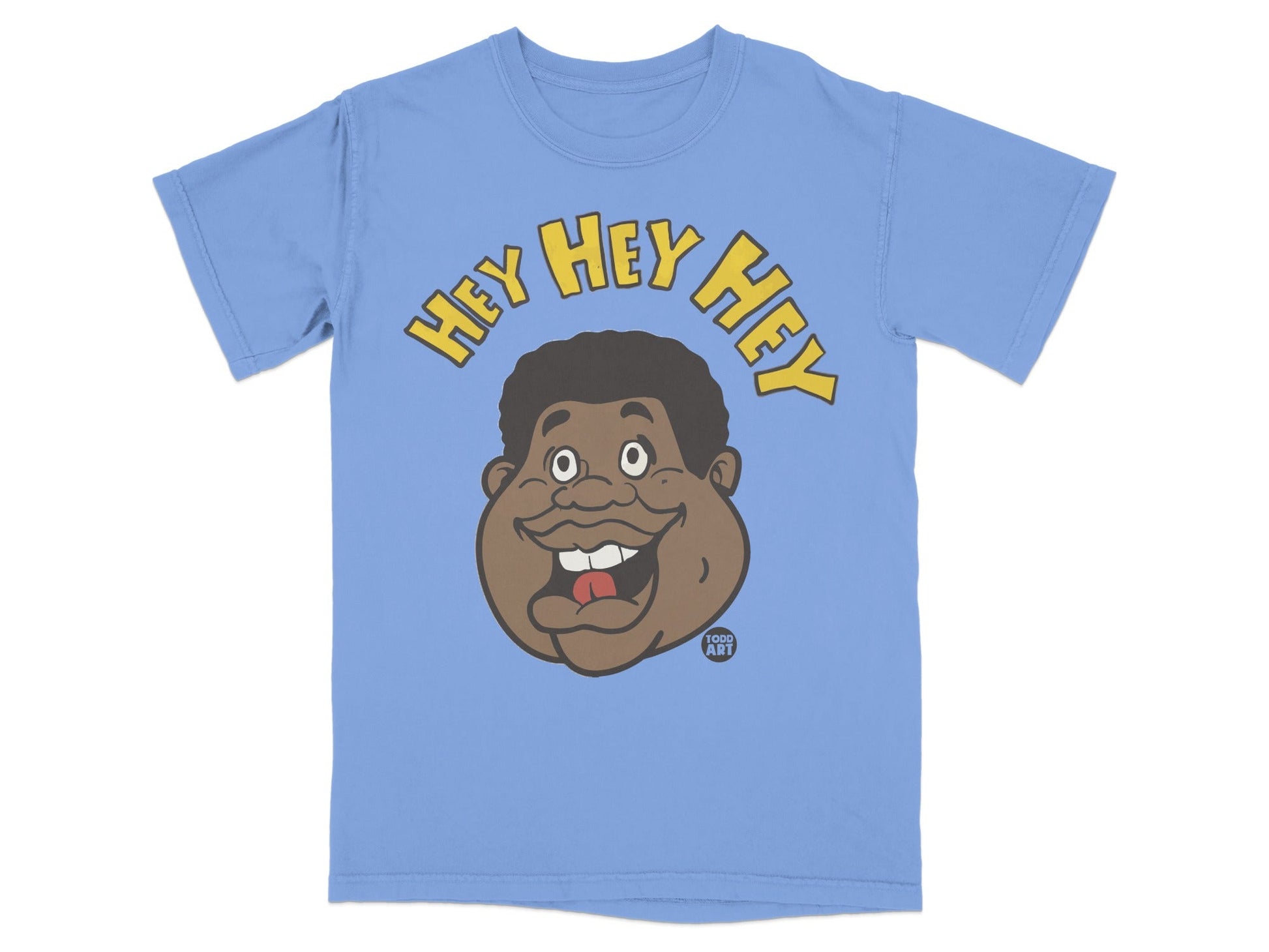 Blue t-shirt with cartoon face saying "Hey Hey Hey".