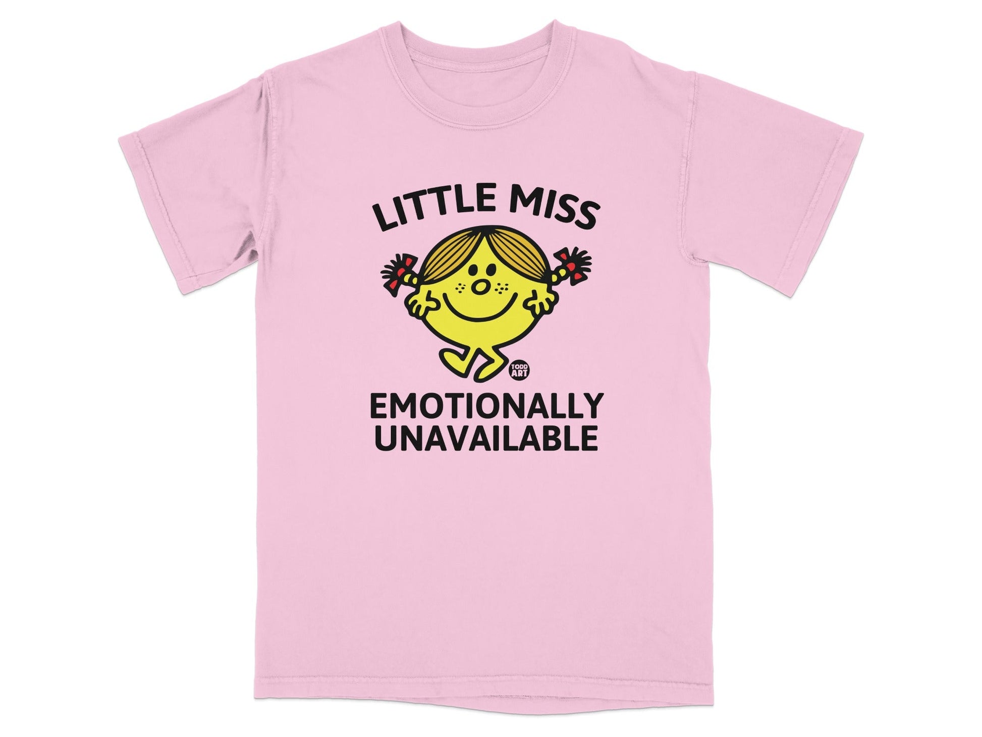 Pink t-shirt with "Little Miss Emotionally Unavailable" graphic.