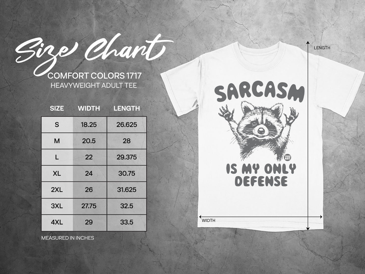 Comfort Colors 1717 size chart for heavyweight adult tee with raccoon graphic.