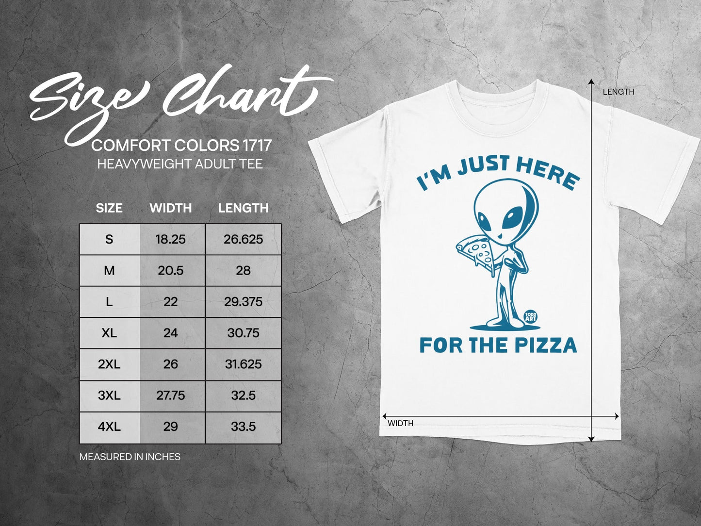 Comfort Colors 1717 Heavyweight Adult Tee size chart with alien graphic.