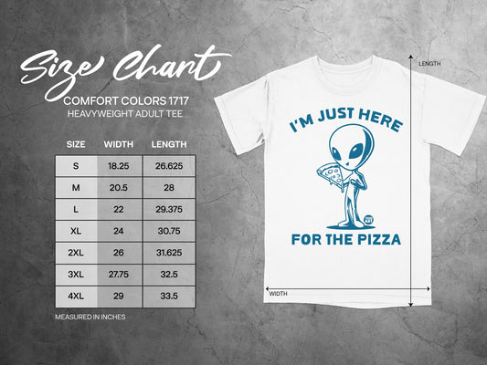 Comfort Colors 1717 Heavyweight Adult Tee size chart with alien graphic.