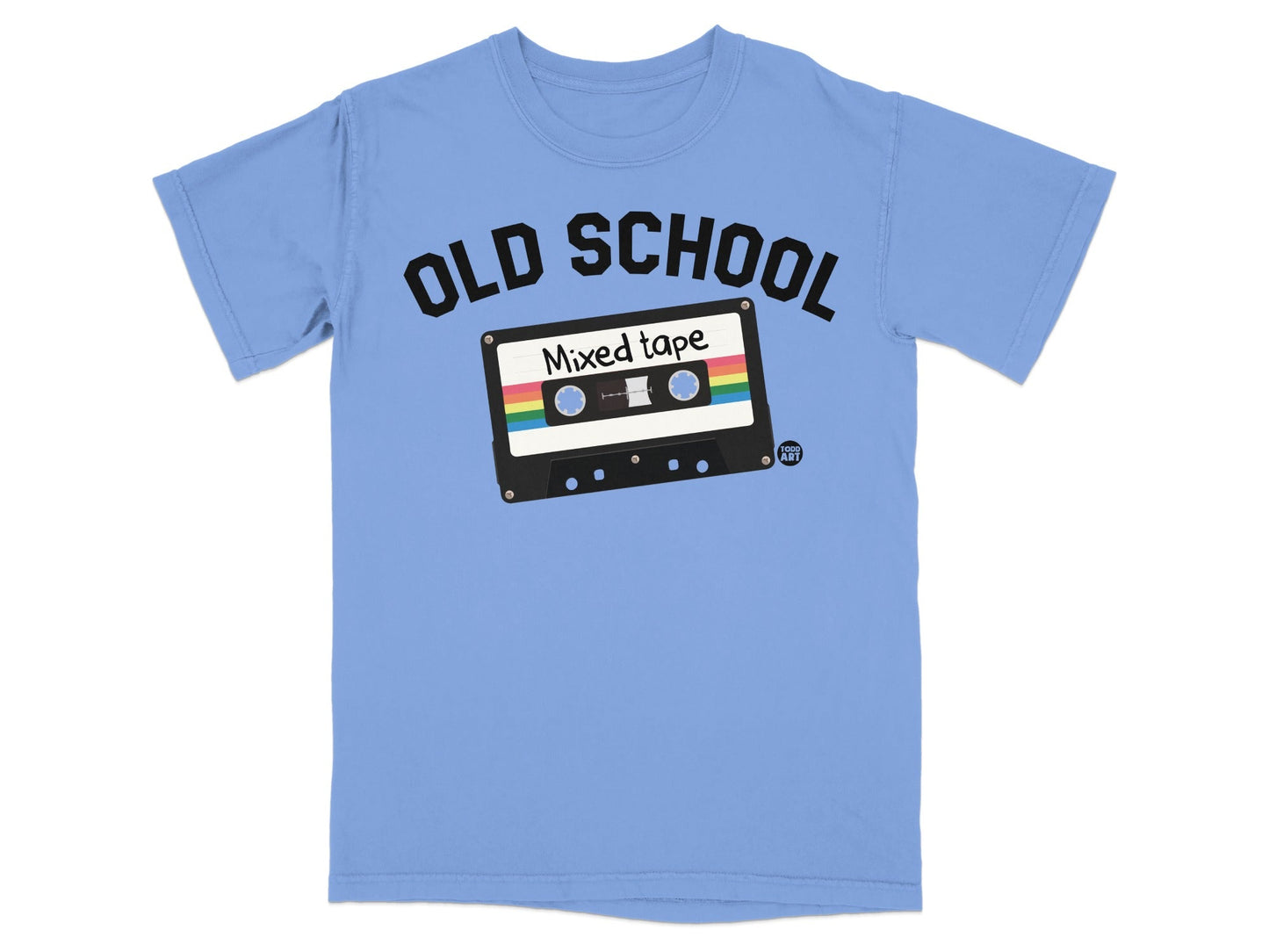 Light blue t-shirt with "OLD SCHOOL" and a cassette tape graphic.