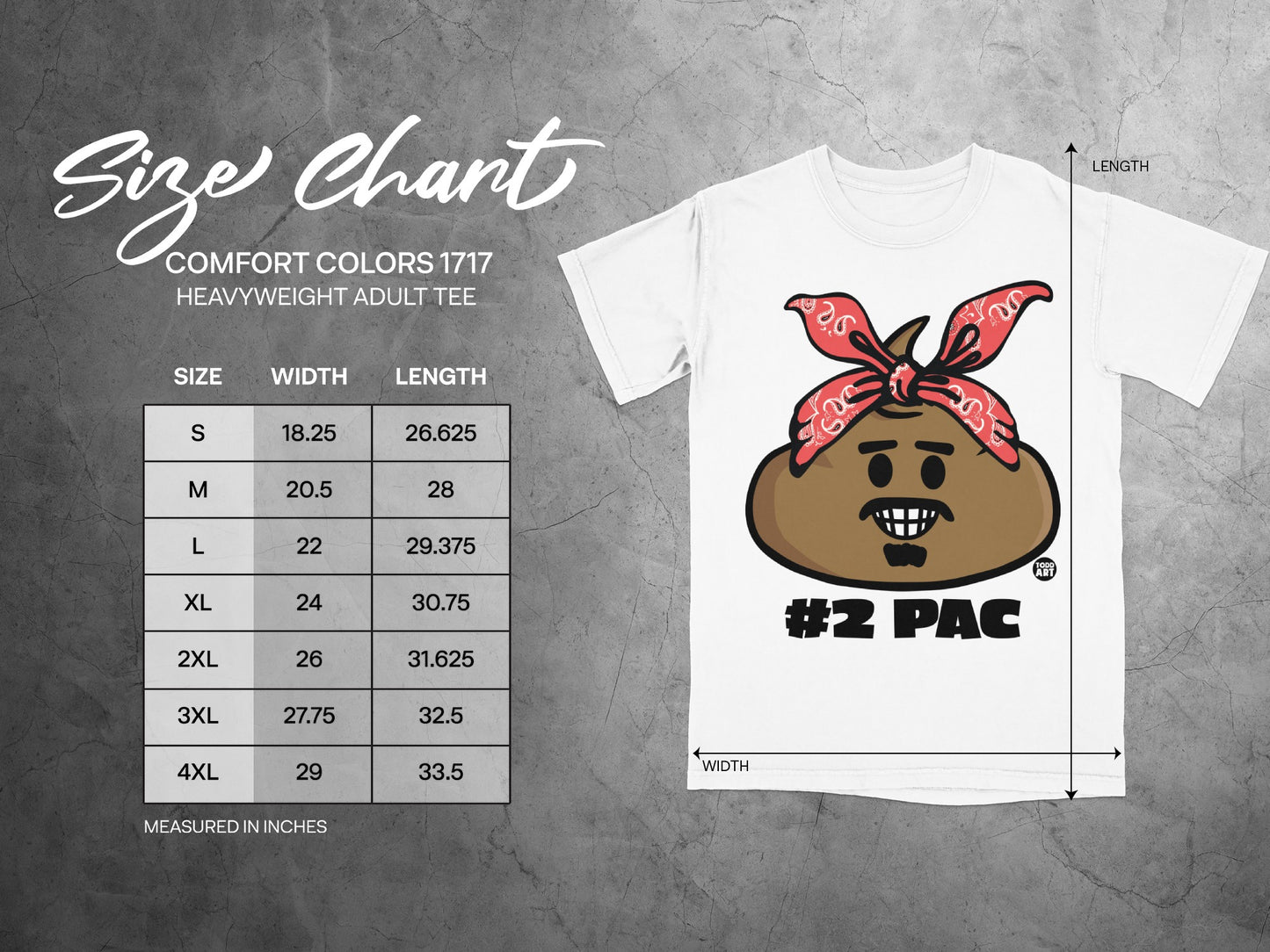 Size chart for a #2 PAC heavyweight adult tee with width and length measurements.