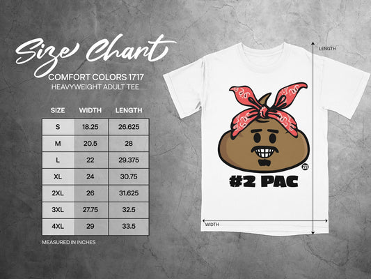 Size chart for a #2 PAC heavyweight adult tee with width and length measurements.