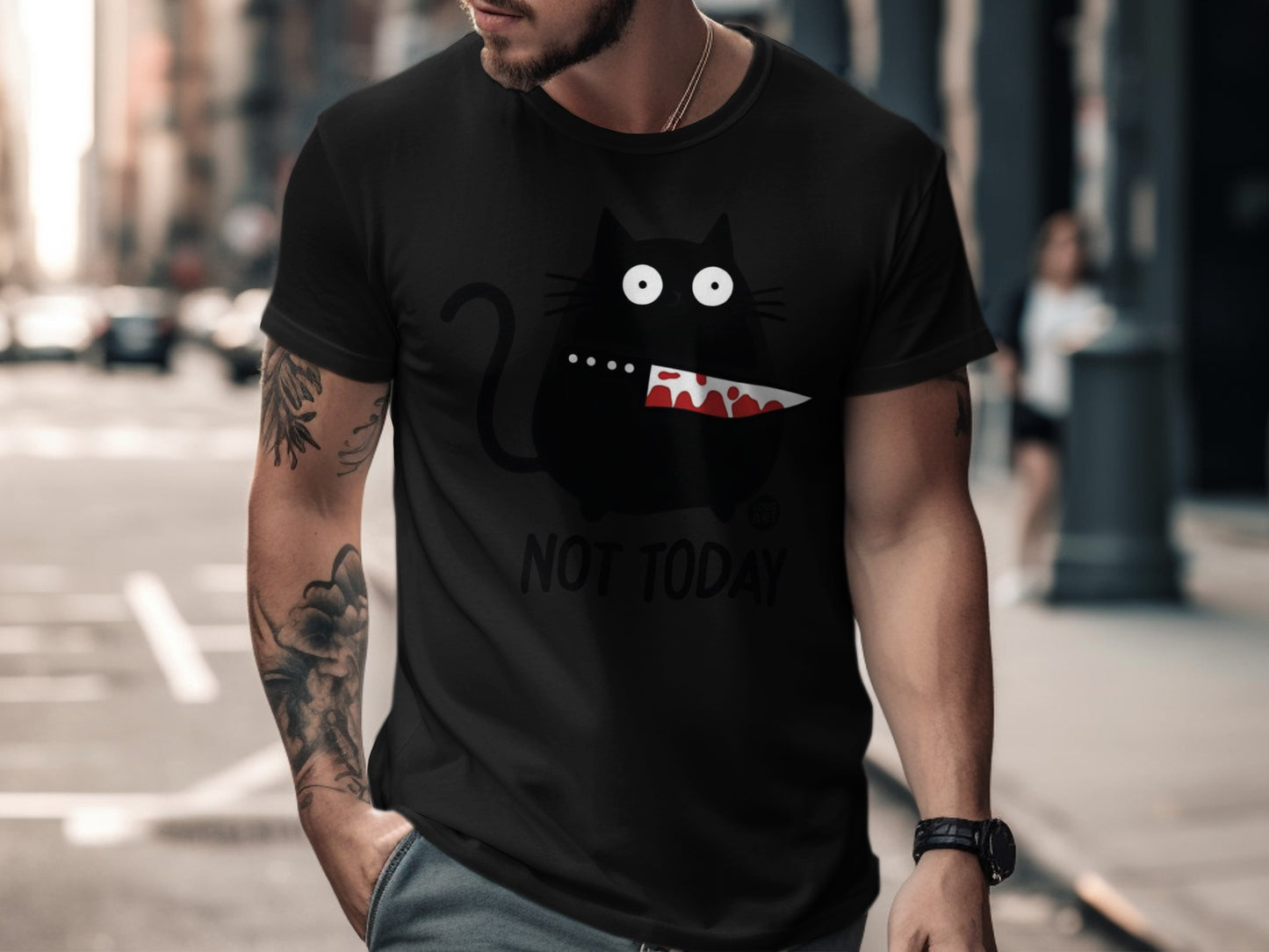 Not Today Cat with a Knife Graphic T-Shirt